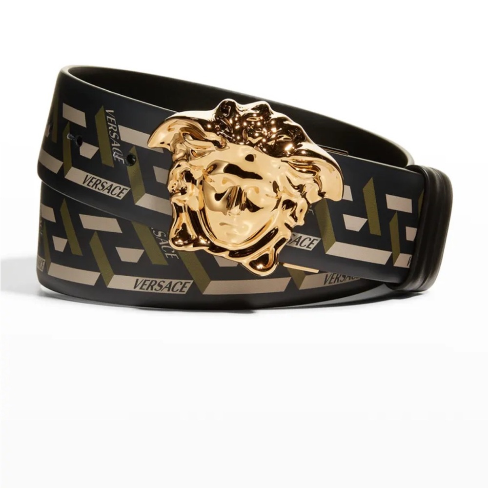 Versace Black Belt with Gold Medusa Buckle and Olive Greca Print